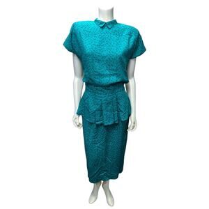 Fabrizio 90s Green Floral Peplum Pencil Dress Size 10 Vintage Occasion wear